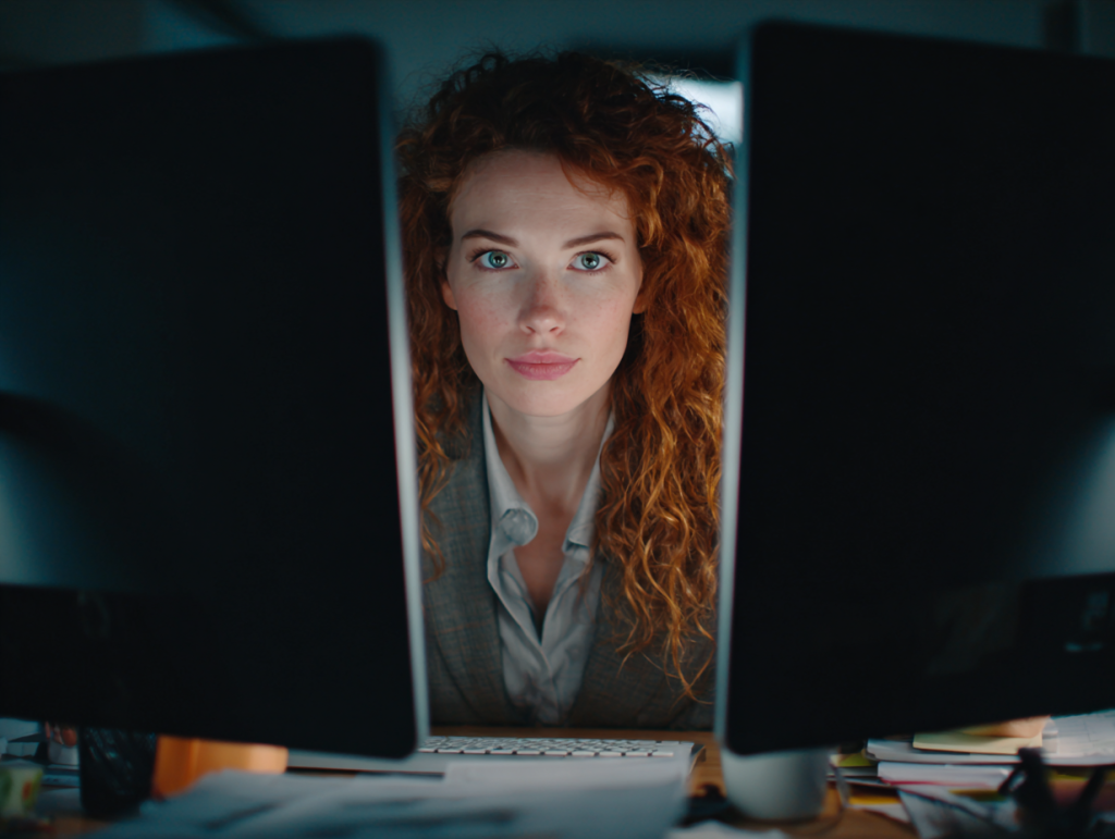 A woman with curly red hair sits between two glowing computer monitors, leaning forward in focus as if making a breakthrough discovery.
