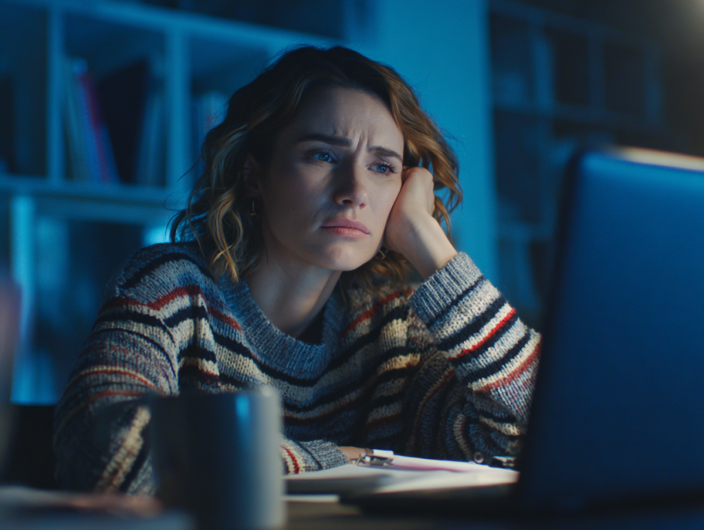 A professional in a striped jumper stares in disbelief at a laptop screen, illuminated by a cold blue glow.