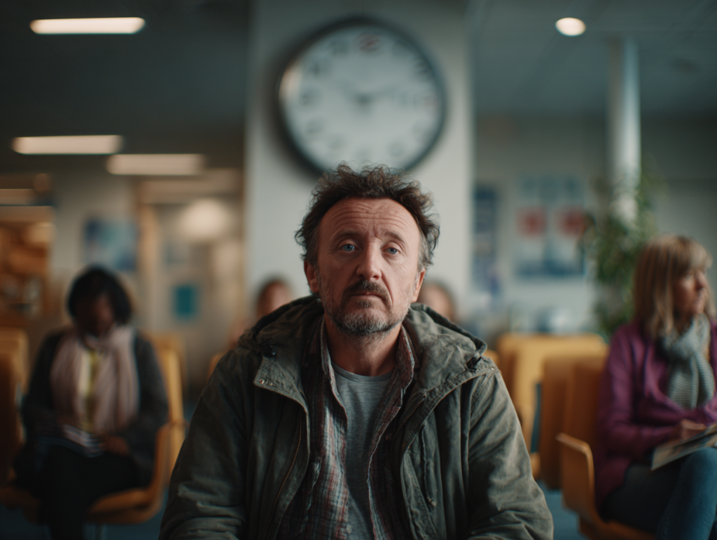A weary middle-aged man sits in a crowded hospital waiting room, staring ahead in frustration with a large clock looming behind him.