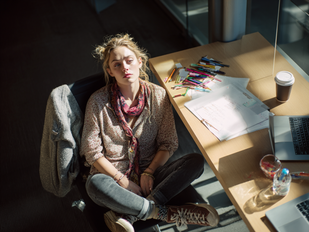 Top-down view of a young designer slumped at her desk, surrounded by scattered pens, sketchpad, and coffee, embodying the weight of a lost productive cycle.