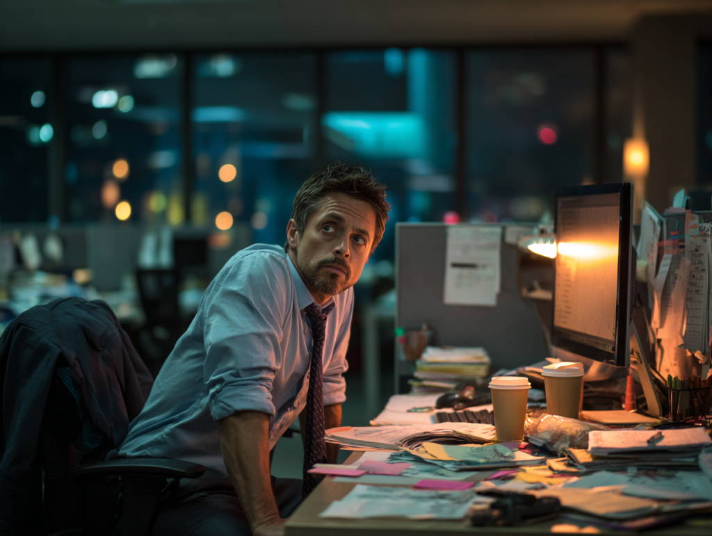 A weary office worker leans forward at a cluttered desk late at night, staring at the glow of a monitor with doubt and frustration, surrounded by coffee cups, papers, and shadows.