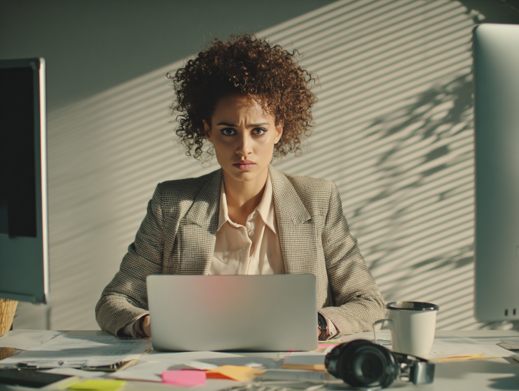 A professional woman in a blazer sits at her desk, staring at her laptop with visible frustration. Sunlight through blinds casts striped shadows across her face and workspace.