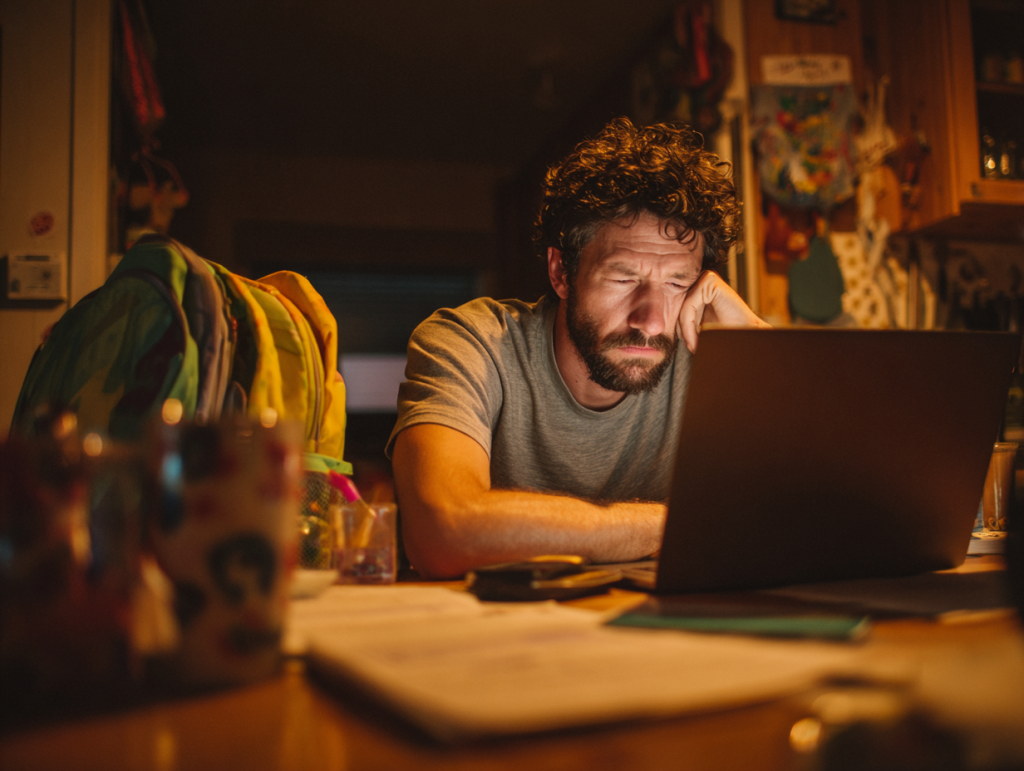 Parent at laptop late in the evening, face tight with frustration, children’s school bags in background.