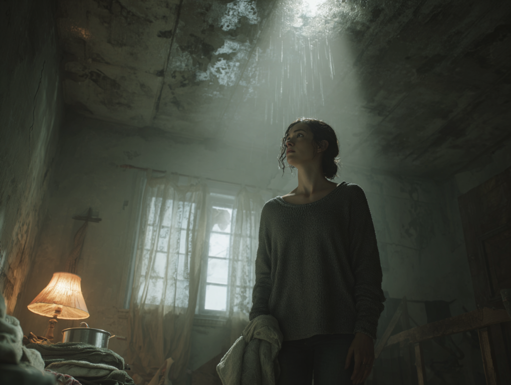A weary woman stands in her upstairs bedroom, gazing up at a leaking ceiling where water drips into a pan. A lamp casts warm light as rain lashes the window. The scene captures the futility of surface fixes — a metaphor for systemic dysfunction.