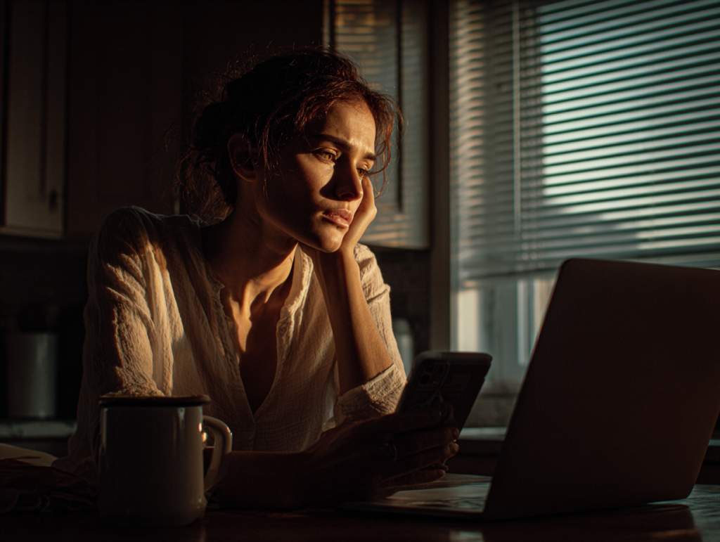 A woman sits at her kitchen table in the evening, laptop open with a job application on screen. She holds her phone in one hand, face heavy with disappointment after receiving a rejection.