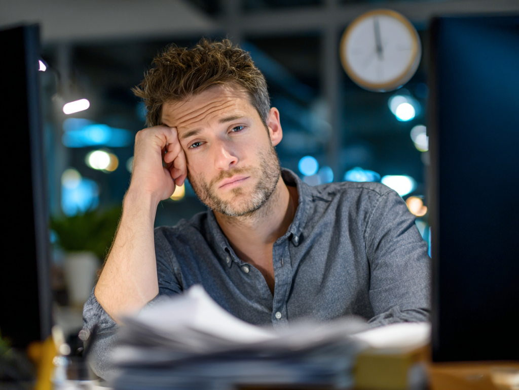 A tired man in his late 30s sits at his office desk, leaning on his hand with a weary expression. A wall clock in the background shows late afternoon, and a stack of papers lies on the desk. The glow of his monitor lights his face, capturing the frustration of repetitive corporate training.