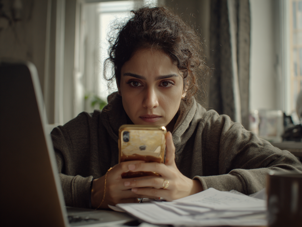 Young Arabic/Iranian woman in her twenties sits at a desk, staring intently at a worn gold iPhone XS. Papers, a closed laptop, and a coffee mug surround her, as daylight filters through a London flat window.