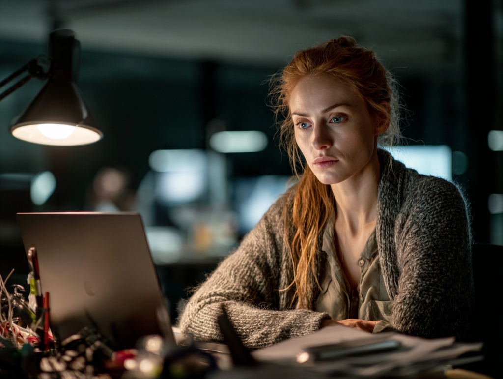 Female professional in a dimly lit office, staring tensely at her laptop as stress mounts, embodying the hidden productivity tax.