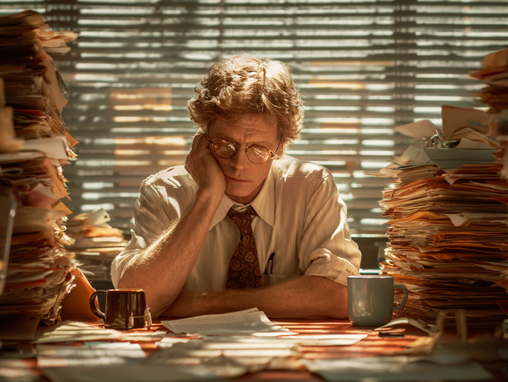 Weary university administrator surrounded by towering stacks of paperwork, slumped at his desk under the weight of outdated processes.