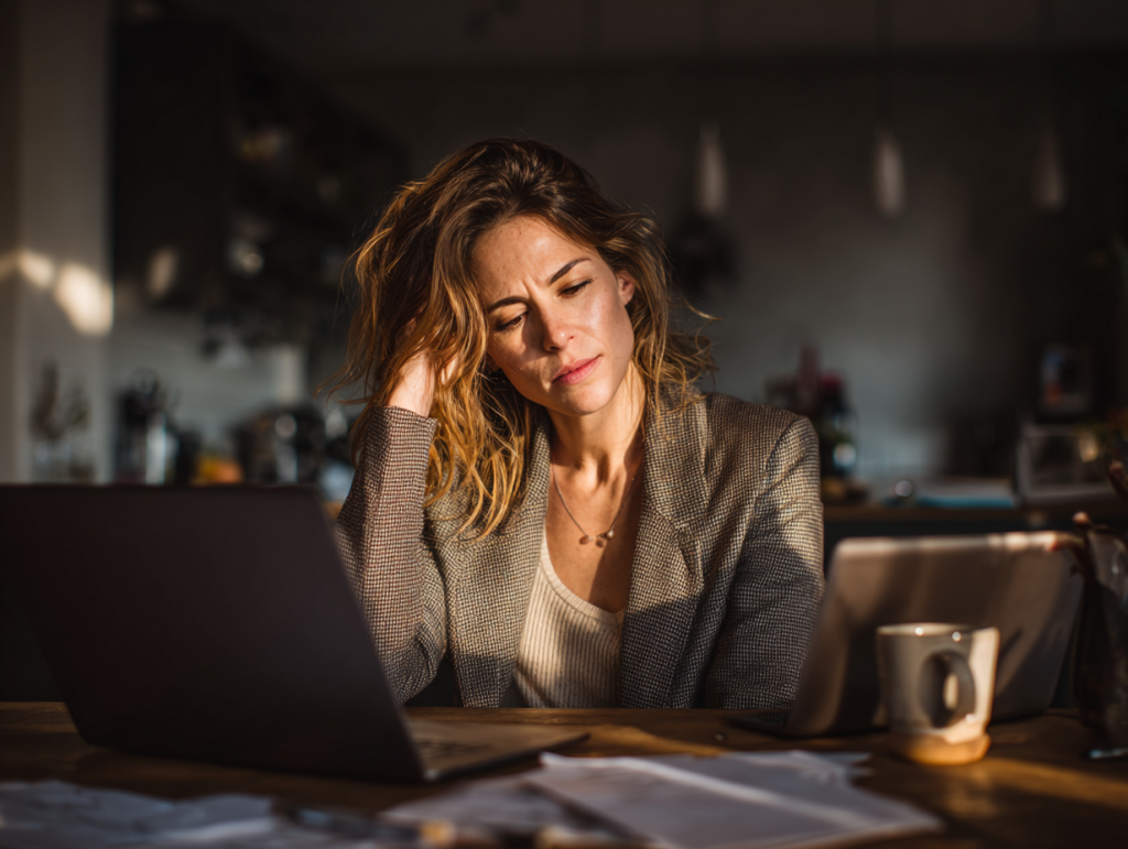 A woman in her mid-30s works from her kitchen table, surrounded by a laptop, tablet, and paperwork. She looks tense and overloaded, caught between multiple tasks during a video call.