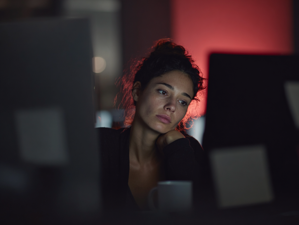 A tired woman sits alone at her desk in a dimly lit office, face illuminated by a computer monitor’s glow with red light in the background.