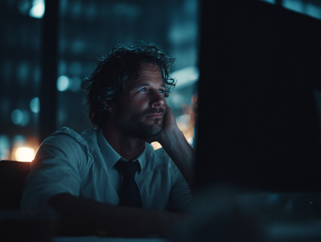 A tired office worker sits late at night, resting his head on one hand as the unseen screen in front of him casts a cold blue light across his face.