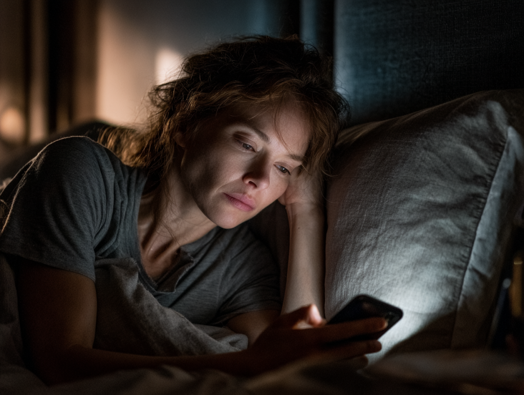 A tired woman in her early forties lies in bed at night, lit only by the glow of her phone as she scrolls, her expression distant and drained.
