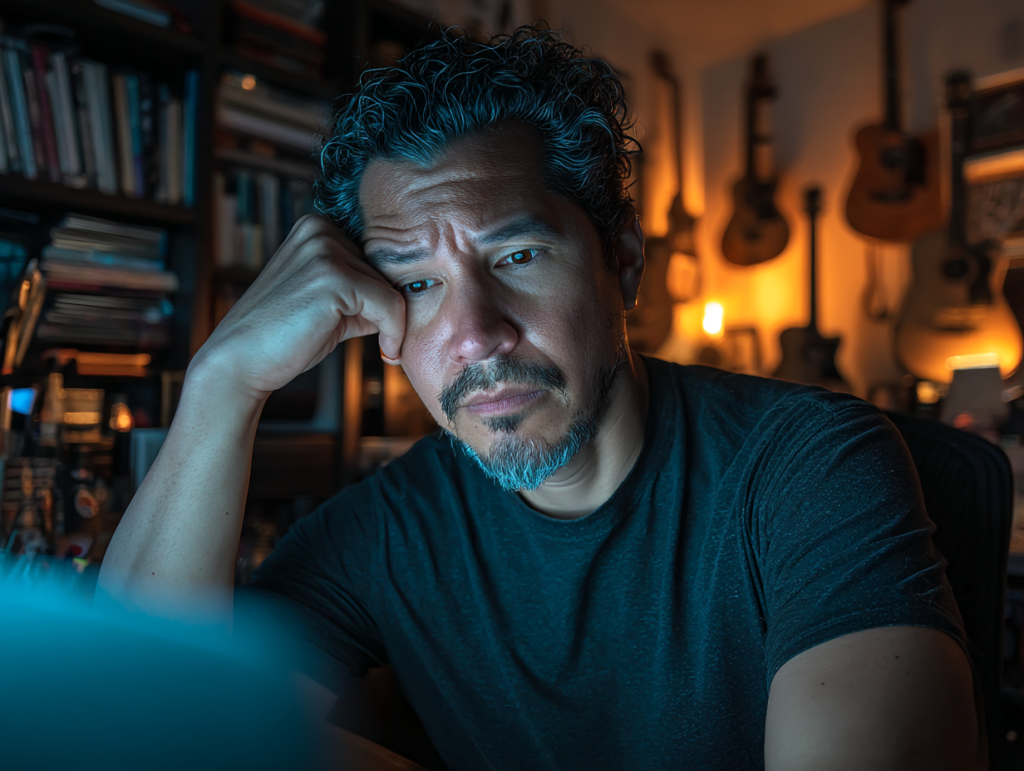 A professional sits at his desk late at night, lit by the blue glow of a laptop and warm lamplight behind, caught in reflective hesitation.