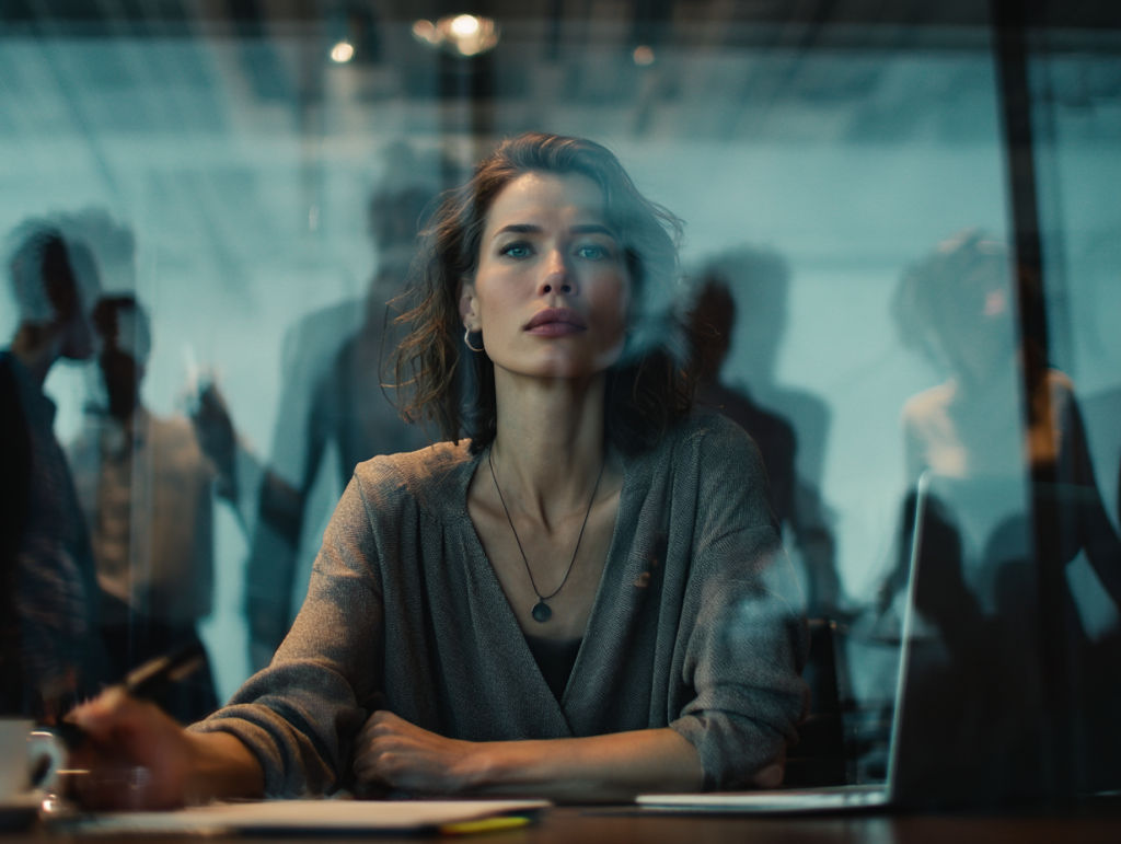 A product manager sits alone behind a glass wall, realising her confident presentation has created new misalignment.