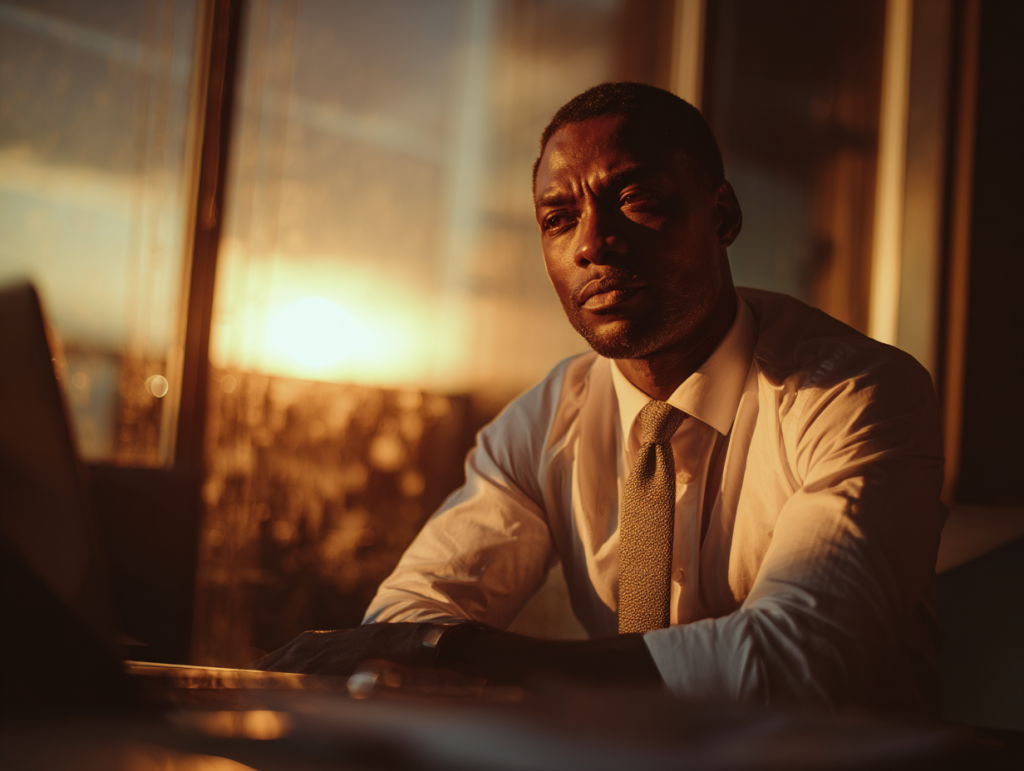 A man sits in a meeting room at sunset, his hands resting on the table, eyes fixed past the frame with a look of restrained disbelief, the light casting a warm glow across his face.