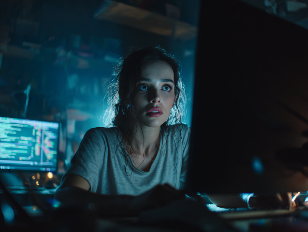 A young woman in a dimly lit workspace freezes as blue monitor light reveals the shock of failure.