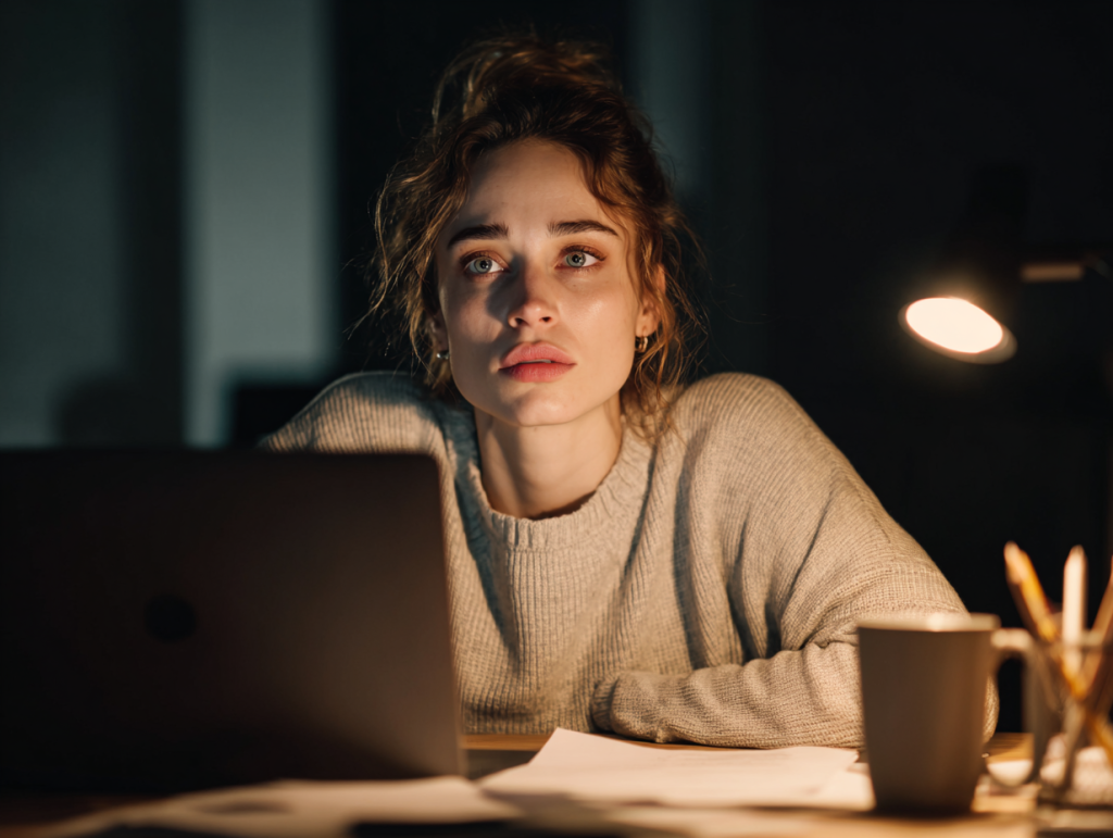 A woman sits frozen at her desk after a video call, illuminated by the cold glow of her laptop and a warm desk lamp, her expression tense and anxious as she replays what just happened.