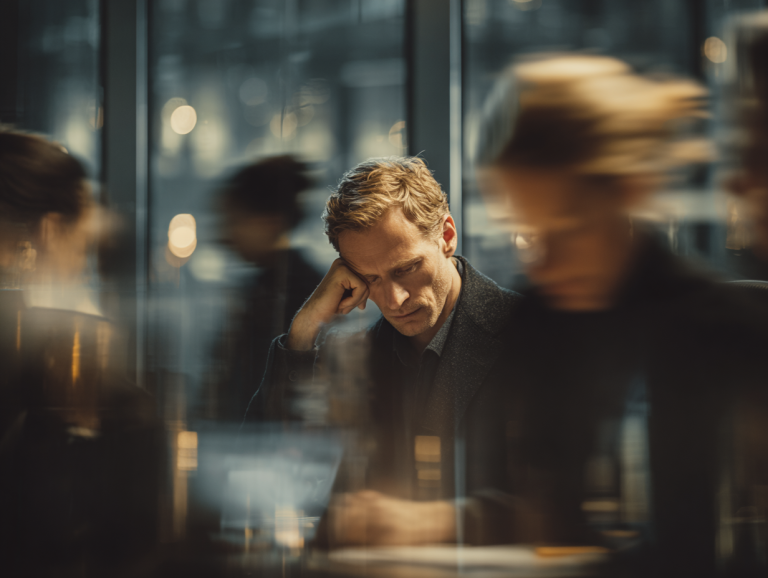A weary professional sits in a blurred office environment, head resting on his hand, caught in the moment of burnout amid constant activity.