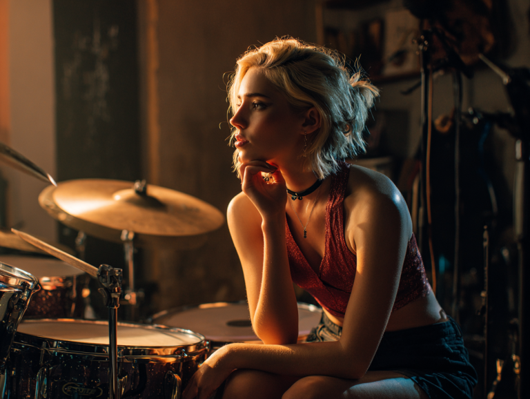 A young blonde drummer sits behind her kit in a dimly lit home studio, wearing a stage-ready top that hints at performance aesthetics. She gazes away from the camera with a weary, reflective expression, surrounded by cymbals and warm studio light.