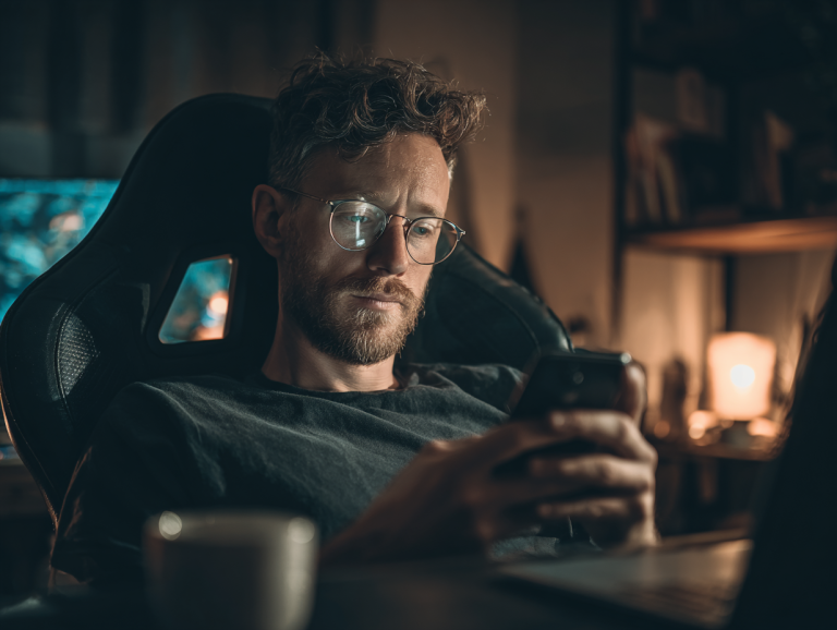 Man in glasses sits in a gaming chair at home, phone in hand, eyes glazed in quiet absorption as warm lamplight and screen glow illuminate his face.