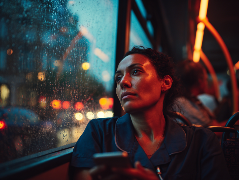 A weary healthcare assistant rides a city bus home after her shift, eyes fixed on her glowing phone as rain streaks down the window — a quiet portrait of exhaustion and disconnection in the attention economy.