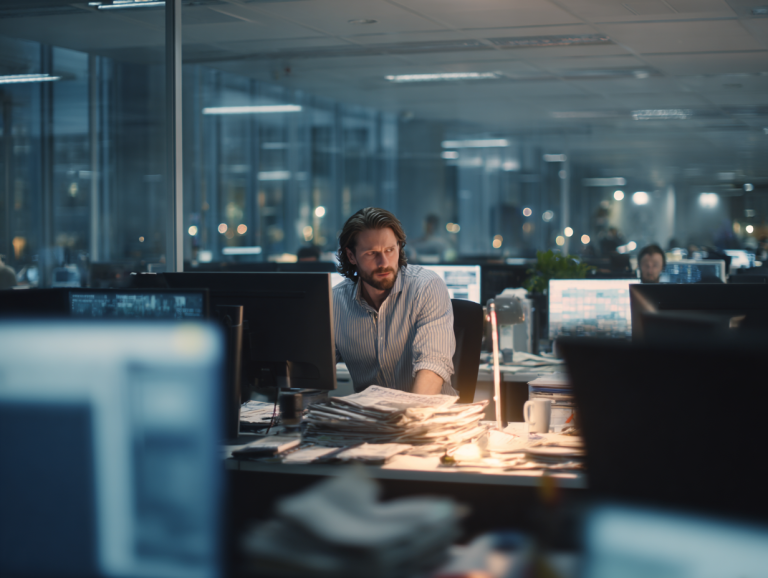 A male editor works in a quiet newsroom surrounded by glowing screens and stacks of papers under soft morning light.