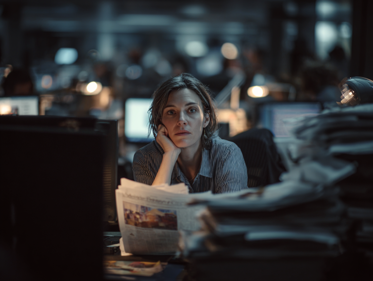 A tired government press officer sits at her desk late at night, surrounded by newspapers and glowing monitors in a dimly lit office. She rests her chin on her hand, lost in thought as the weight of political performance hangs heavy around her.