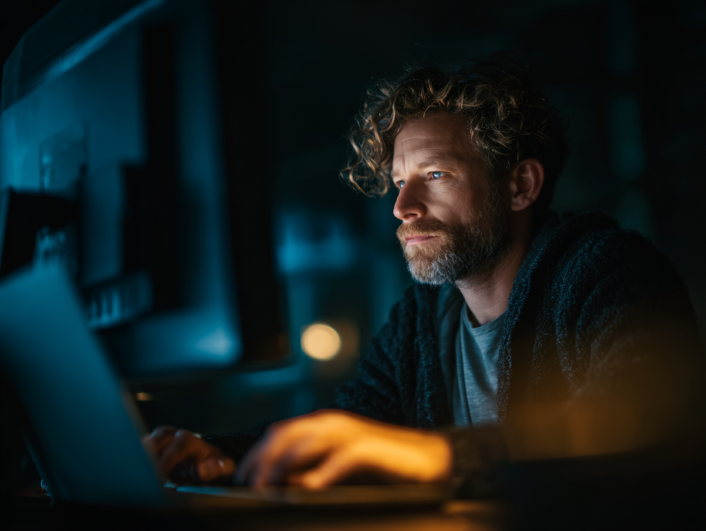 A focused male political strategist works at his dimly lit workstation, illuminated by the cool glow of dual monitors and a laptop. His expression is calm yet calculating, suggesting control and moral ambiguity as he orchestrates unseen AI systems.