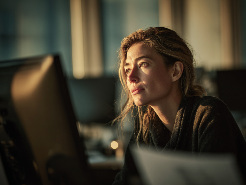 A female talent manager, lit by late-afternoon sunlight, stares thoughtfully at her computer screen. Her expression conveys quiet hesitation and empathy as she reviews a job application.