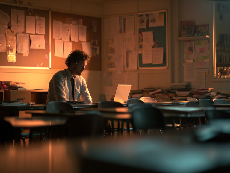 A tired SENCO sits alone at the back of an empty classroom at dusk, the soft glow of his laptop illuminating a weary expression as he reviews yet another policy response.