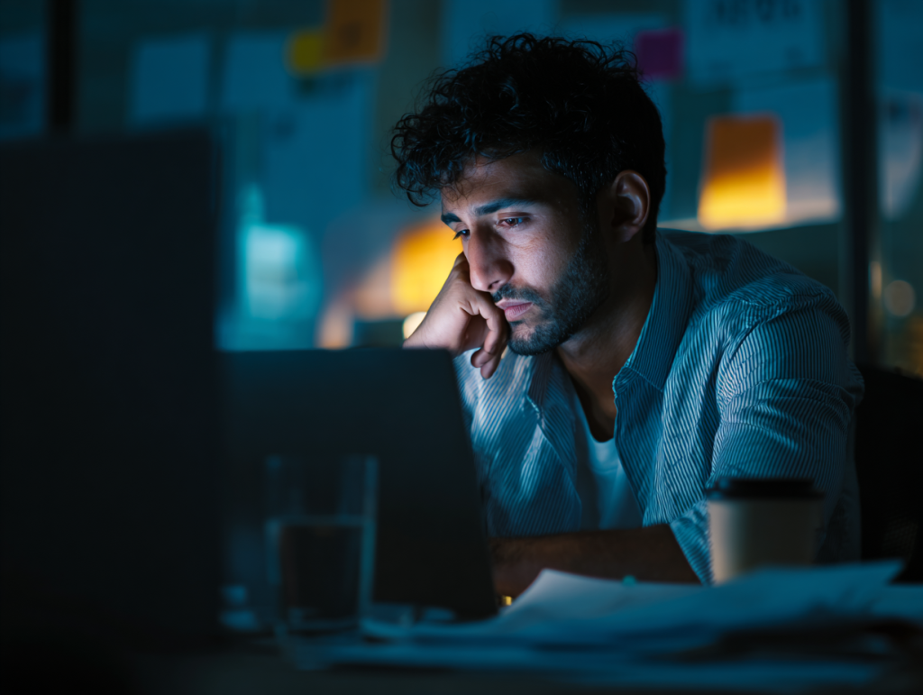 A South Asian man sits at his desk in a dimly lit office, gazing tiredly at his laptop screen, illuminated by its cool blue glow.