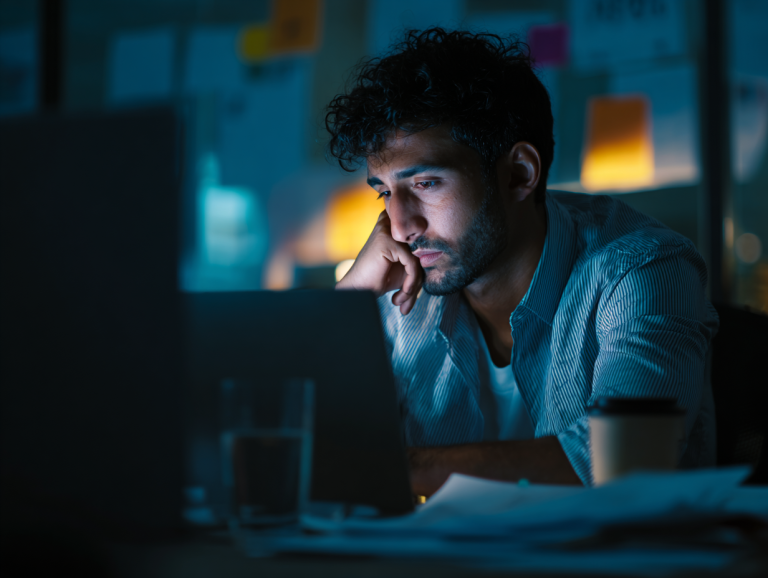 A South Asian man sits at his desk in a dimly lit office, gazing tiredly at his laptop screen, illuminated by its cool blue glow.