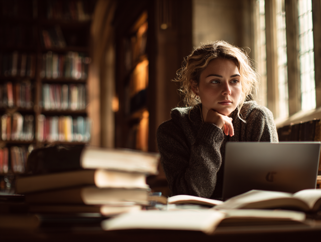 A university student sits in a quiet library, gazing thoughtfully at her laptop surrounded by open books, reflecting on whether to use AI assistance in her writing.