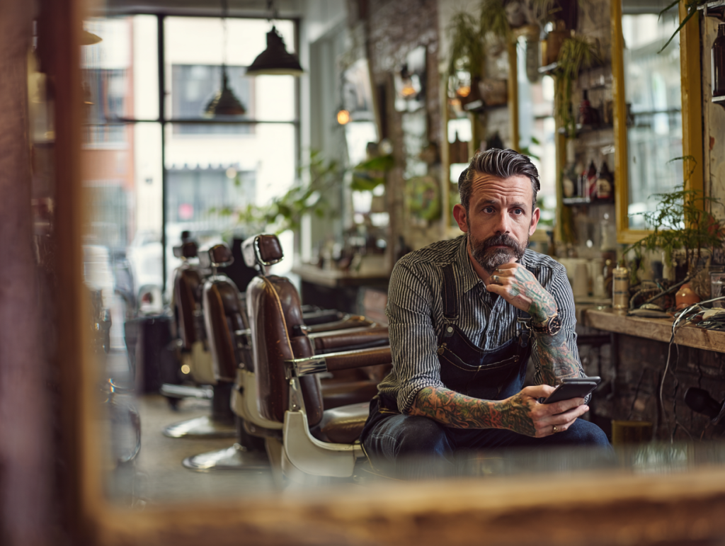 A tattooed barber sits alone in his Shoreditch shop, phone in hand, caught between confidence and reflection.