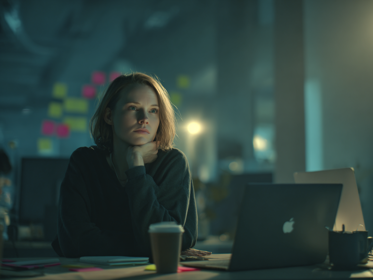 A software developer sits in quiet reflection at her desk, laptop open and light from the screen illuminating her face.