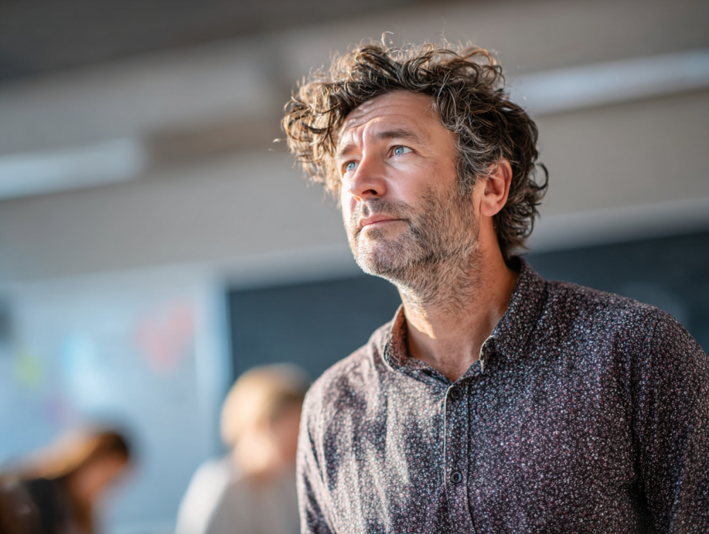 A teacher stands at the front of his classroom, caught mid-thought as a student’s unseen question challenges him. His expression reflects both authority and uncertainty, the quiet moment when understanding gives way to introspection.