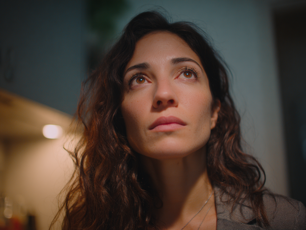 A woman looks upward in a kitchen, her expression tense and controlled, holding back frustration she chooses not to voice.