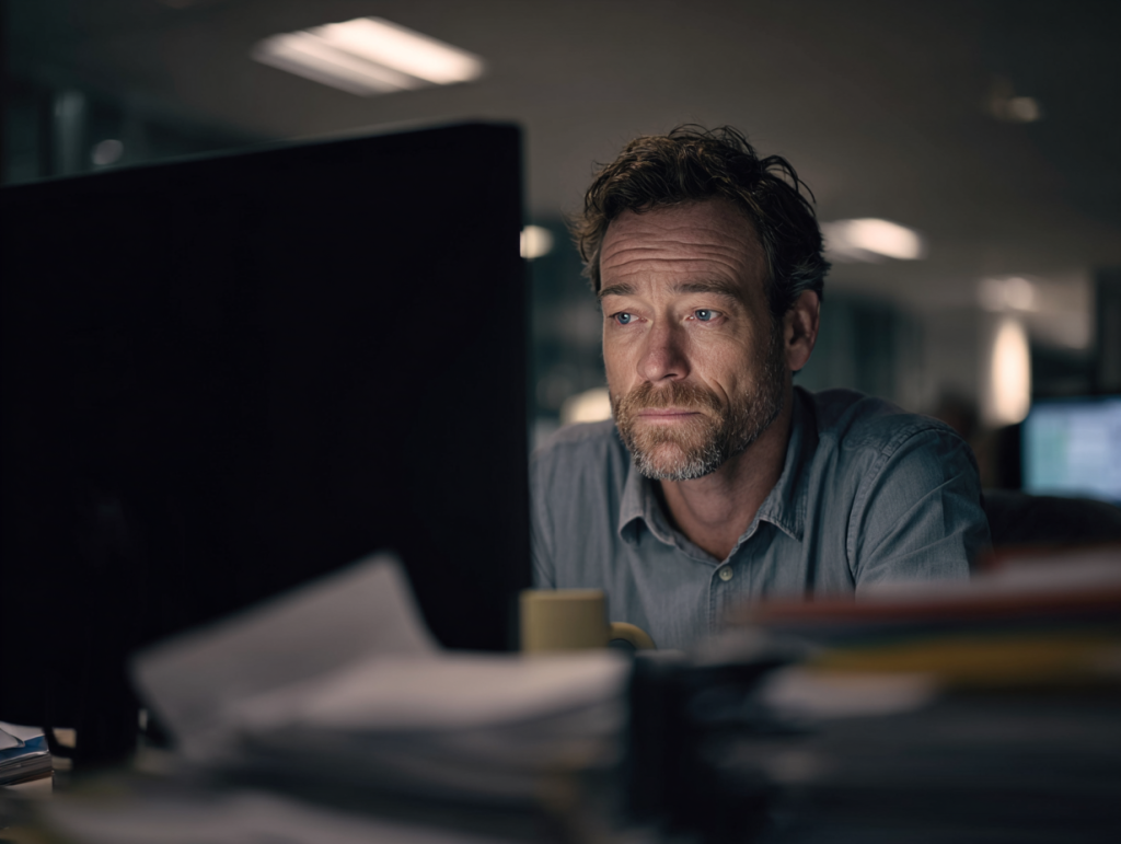A tired middle-aged office worker sits at his desk in a dim UK office, his face illuminated by the glow of an unseen computer screen.