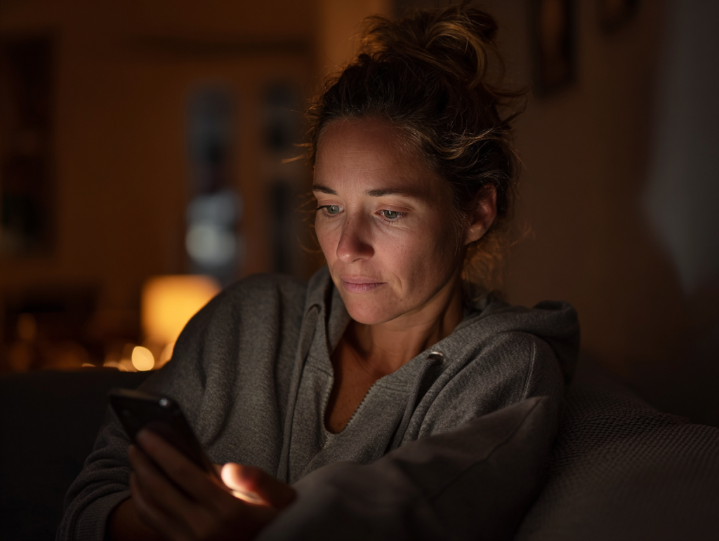 A woman sitting on a sofa in soft evening light, looking at her phone with a quiet, pained expression as she processes something disappointing.