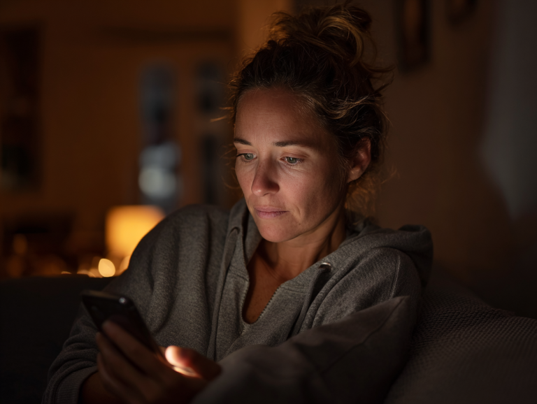 A woman sitting on a sofa in soft evening light, looking at her phone with a quiet, pained expression as she processes something disappointing.